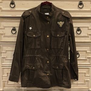 Kensie Brown Utility Jacket with Embroidered Patches